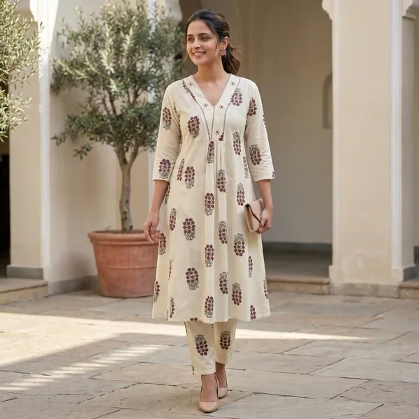 Ivory_Beige_Print_Elegant_Designer_Kurta_And_Pant_Set_For_Women