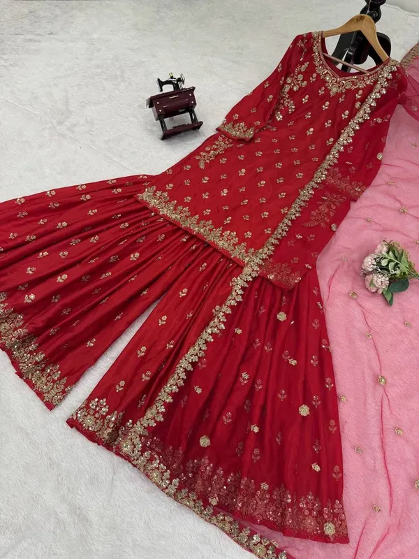 Red_3_Piece_Chinon_Silk_Sharara_Palazzo_For_Women
