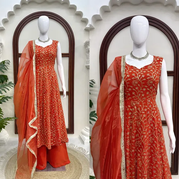 Rust_Faux_Georgette_Designer_Gown_With_Palazzo_Set_For_Women