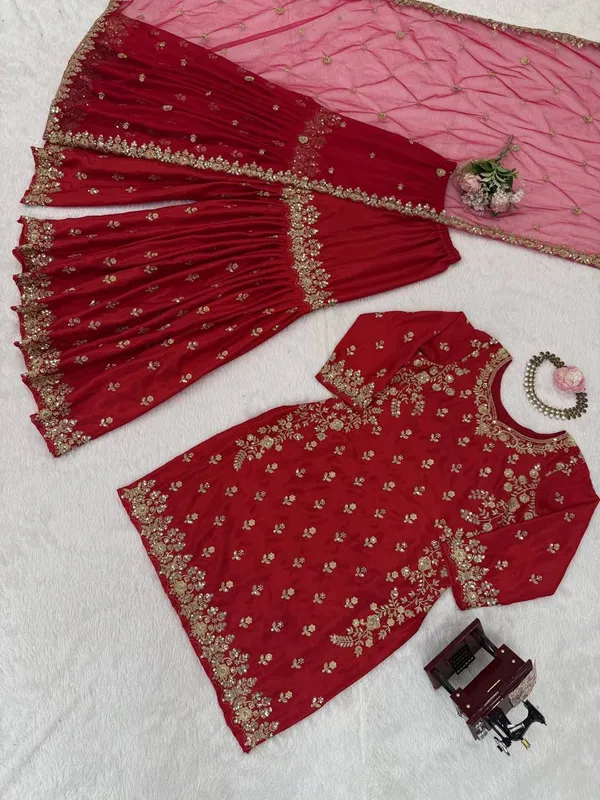 Red_3_Piece_Chinon_Silk_Sharara_Palazzo_For_Women