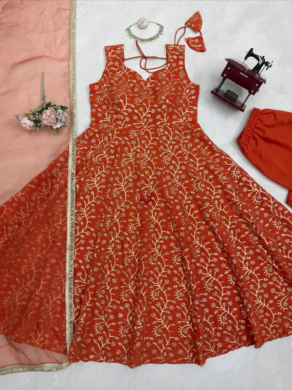 Rust_Faux_Georgette_Designer_Gown_With_Palazzo_Set_For_Women