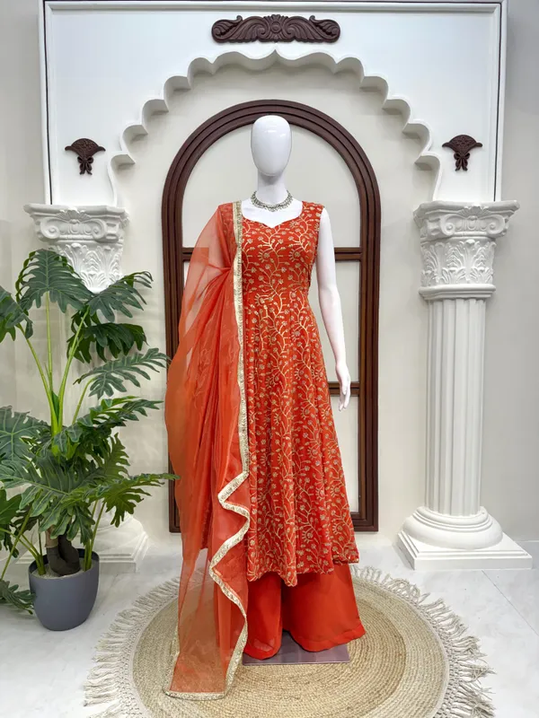 Rust_Faux_Georgette_Designer_Gown_With_Palazzo_Set_For_Women
