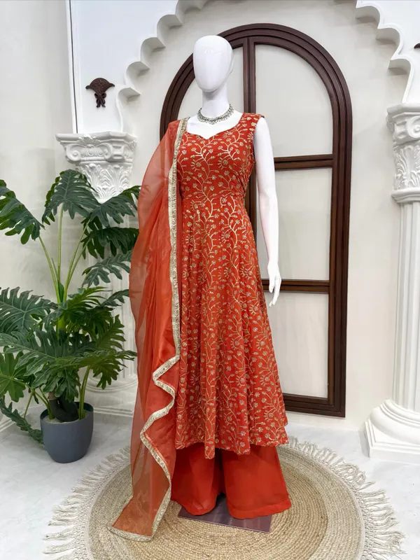Rust_Faux_Georgette_Designer_Gown_With_Palazzo_Set_For_Women