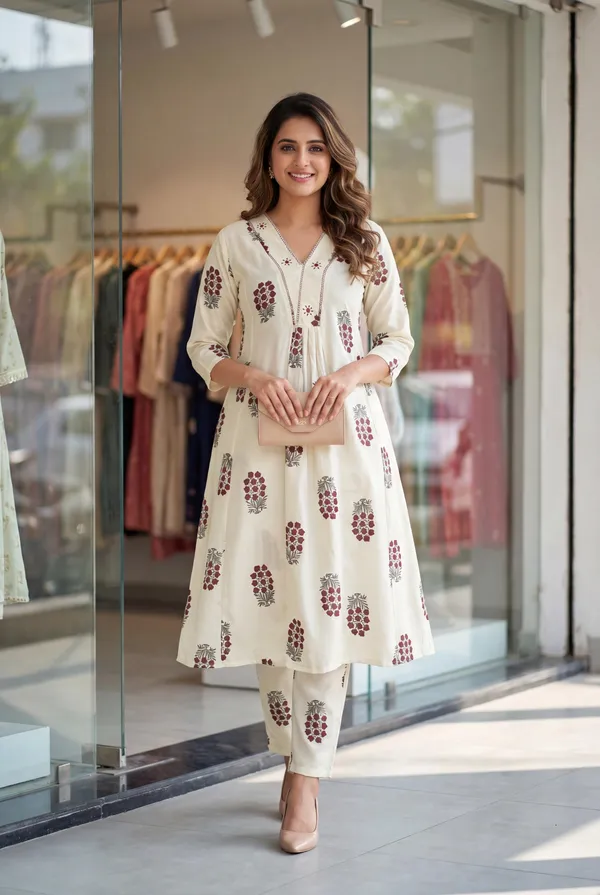 Ivory_Beige_Print_Elegant_Designer_Kurta_And_Pant_Set_For_Women