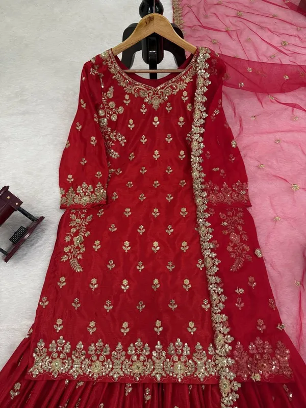Red_3_Piece_Chinon_Silk_Sharara_Palazzo_For_Women