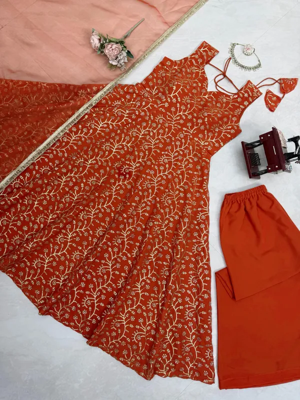 Rust_Faux_Georgette_Designer_Gown_With_Palazzo_Set_For_Women