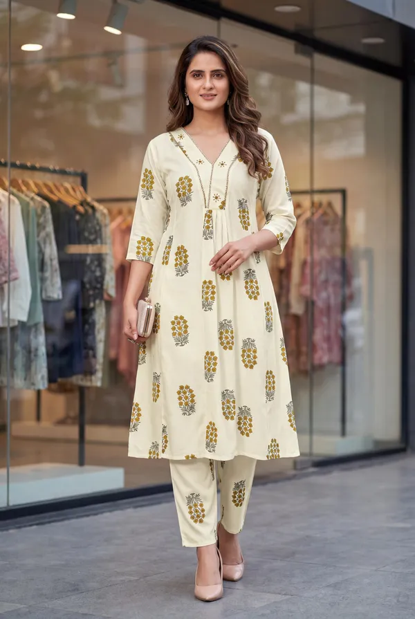 Cream_Yellow_Print_Stylish_Party_Kurta_And_Pant_Set_For_Women