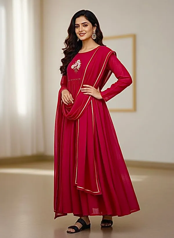 Red_Partywear_Chanderi_Cotton_Gown_For_Women