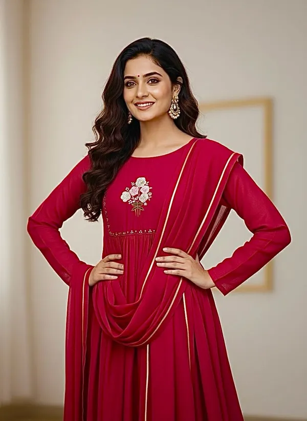 Red_Partywear_Chanderi_Cotton_Gown_For_Women