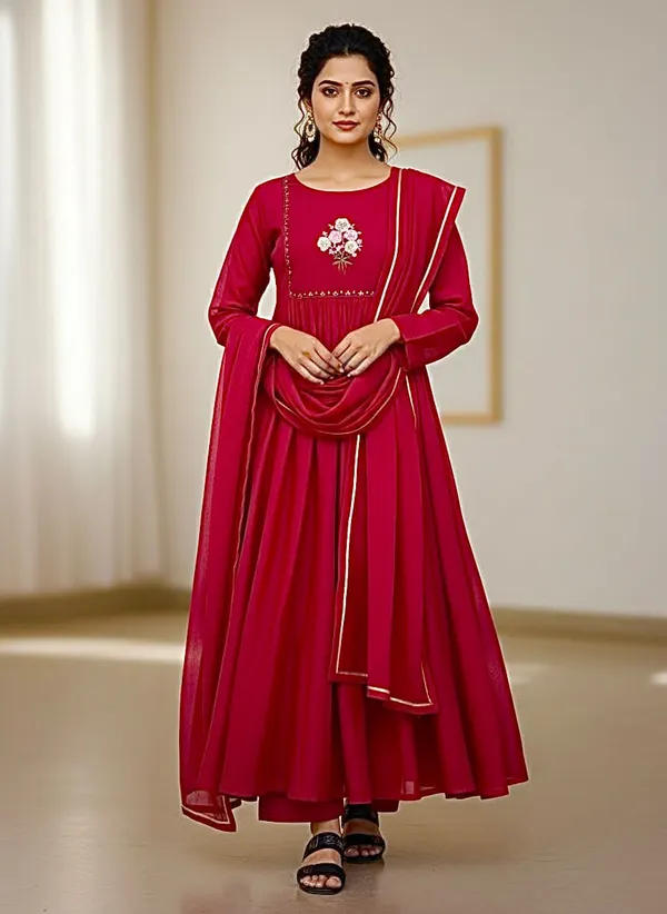 Red_Partywear_Chanderi_Cotton_Gown_For_Women