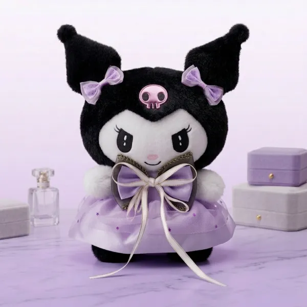Black_And_Purple_Kuromi_Plush_Toy_With_Dress_And_Bows_For_Kids