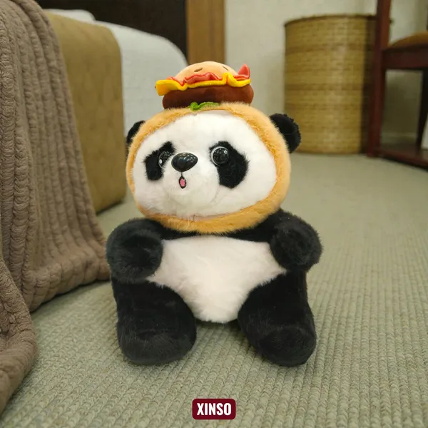 Brown_And_White_Panda_Plush_Toy_With_Burger_Hat_For_Kids