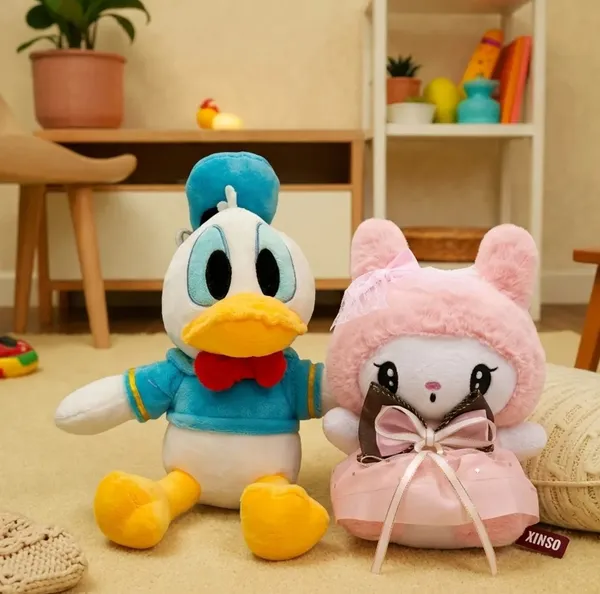 Multicolor_Bunny_Plush_Toy_With_Bow_Dress_And_Donald_Duck_Plush_Toy_For_Kids