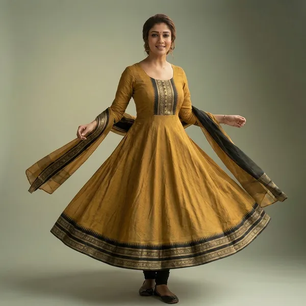 Mustard_Yellow_Cotton_Silk_Long_Kurta_With_Dupatta_For_Women