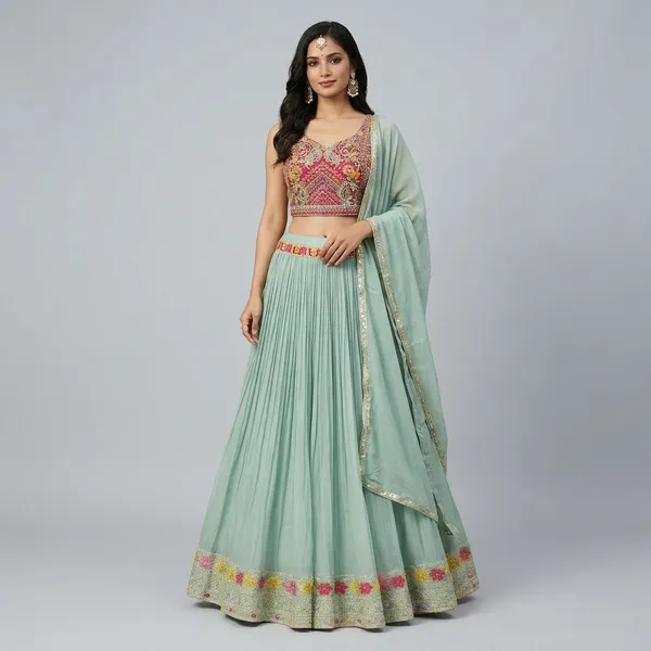 Mint_Green_Embroidery_Silk_Lehenha_Set_For_Women