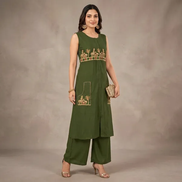 Olive_Green_Vatican_Silk_Kurta_Palazzo_Set_For_Women