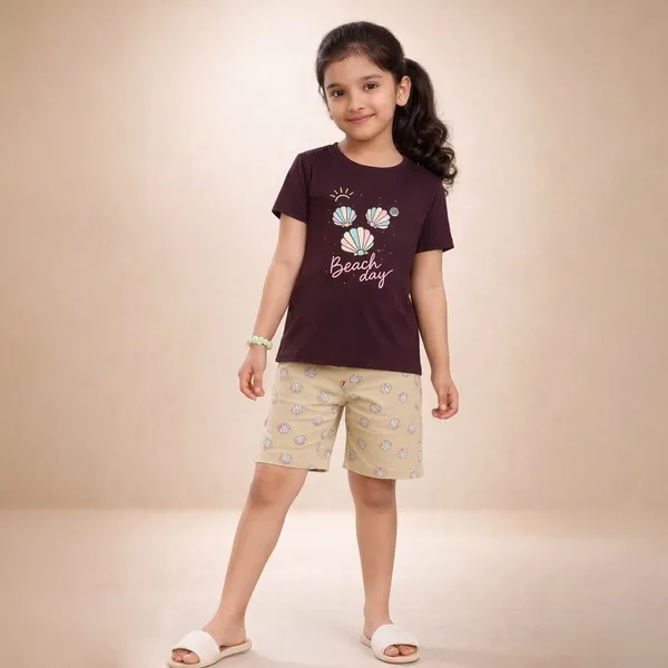 Maroon_And_Beige_Hosiery_T-Shirt_And_Shorts_Set_For_Girls