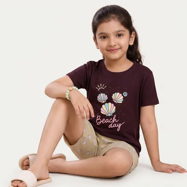 Maroon_And_Beige_Hosiery_T-Shirt_And_Shorts_Set_For_Girls