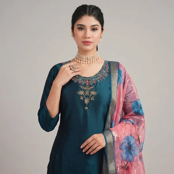 Teal_Shimmer_Silk_Kurta_Set_For_Women