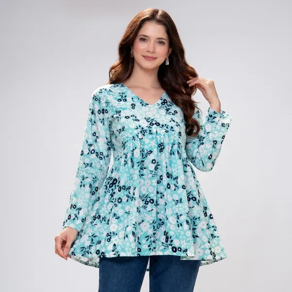Turquoise_Cotton_Short_Kurti_For_Women
