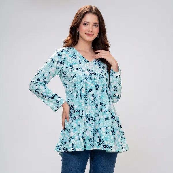 Turquoise_Cotton_Short_Kurti_For_Women