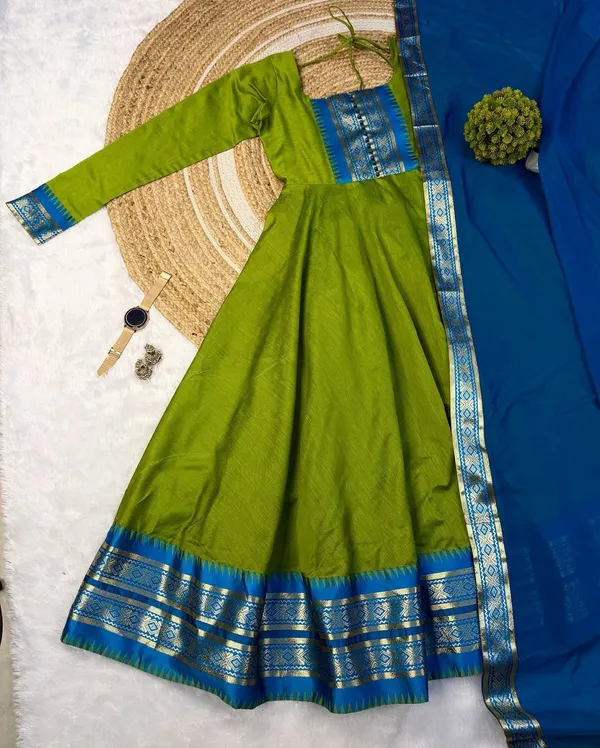 Lime_Green_Cotton_Silk_Anarkali_with_Dupatta_set_For_Women