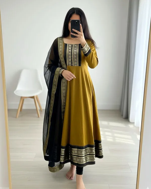 Mustard_Yellow_Cotton_Silk_Long_Kurta_With_Dupatta_For_Women
