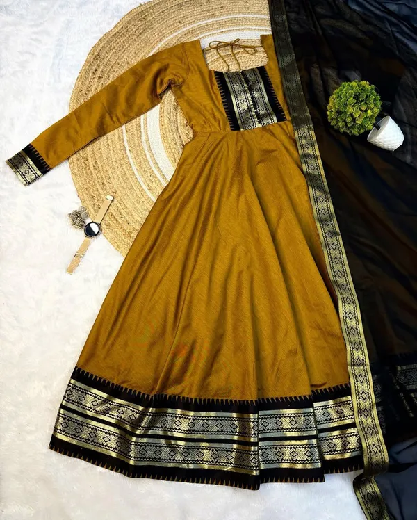 Mustard_Yellow_Cotton_Silk_Long_Kurta_With_Dupatta_For_Women