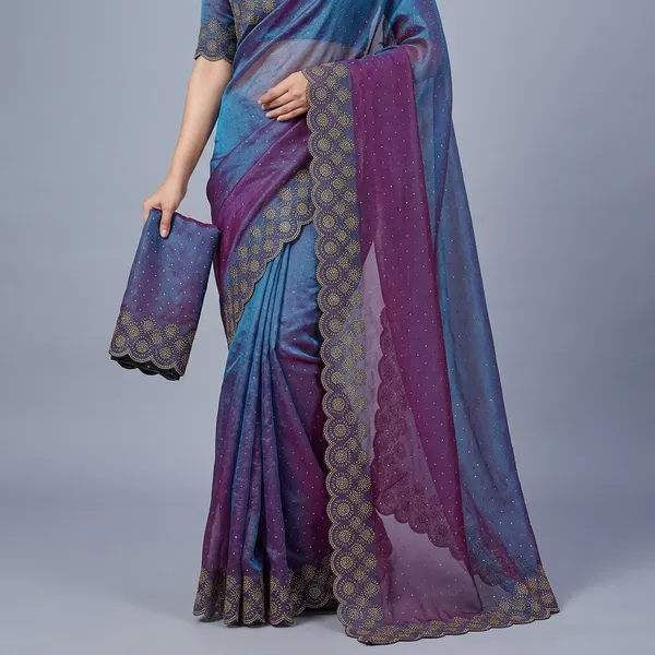 Blue_And_Purple_Fancy_Satin_Swarovski_Border_Saree_For_Women