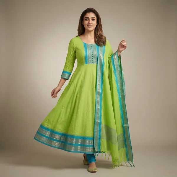 Lime_Green_Cotton_Silk_Anarkali_with_Dupatta_set_For_Women