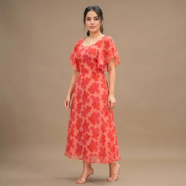 Red_Georgette_Chiffon_Midi_Dress_For_Women