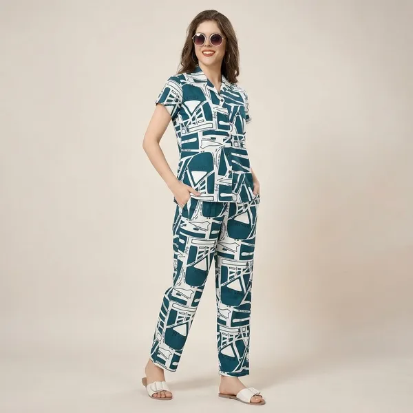 Teal_And_White_Cotton_Night_Suit_Set_For_Women