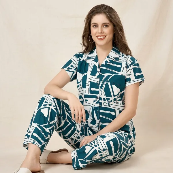 Teal_And_White_Cotton_Night_Suit_Set_For_Women