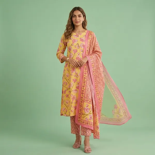 Yellow_And_Pink_Cotton_60-60_Kurta_Set_For_Women
