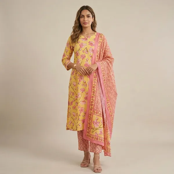 Yellow_And_Pink_Cotton_60-60_Kurta_Set_For_Women