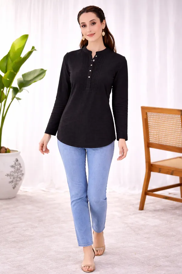 Black_Cotton_Straight_Mandarin_Collar_Pintuck_Kurta_For_Women
