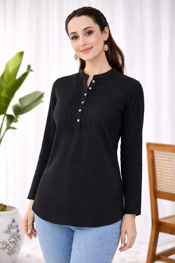 Black_Cotton_Straight_Mandarin_Collar_Pintuck_Kurta_For_Women