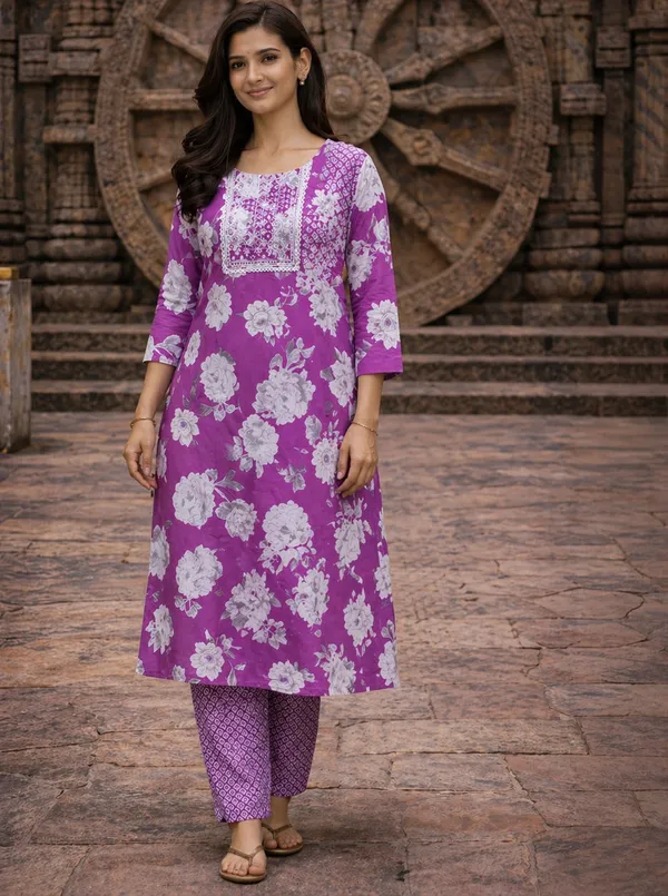 Lavender_Cotton_Straight_Floral_Print_Kurta_Set_For_Women