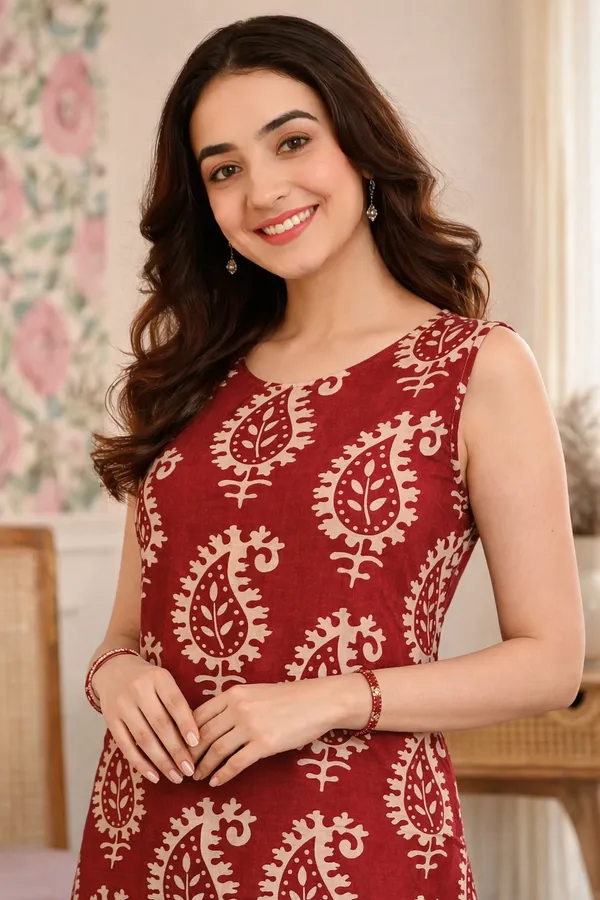 Red_Cotton_Straight_Paisley_Print_Kurta_Set_For_Women