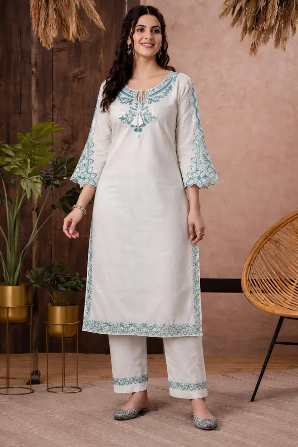 White_And_Blue_Cotton_Straight_Embroidered_Kurta_Set_For_Women