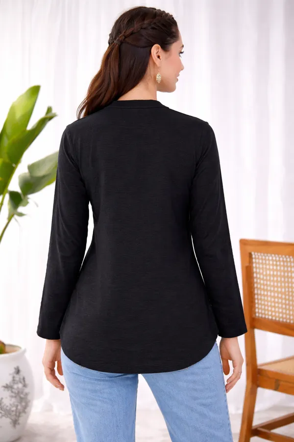 Black_Cotton_Straight_Mandarin_Collar_Pintuck_Kurta_For_Women