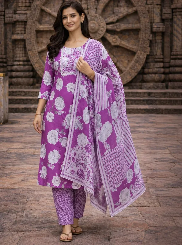 Lavender_Cotton_Straight_Floral_Print_Kurta_Set_For_Women