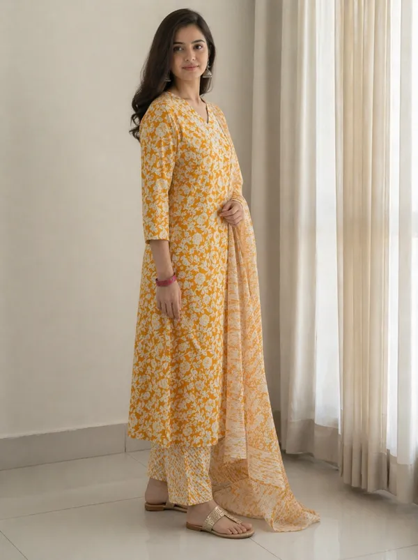 Yellow_Rayon_Straight_Floral_Print_Kurta_Set_For_Women
