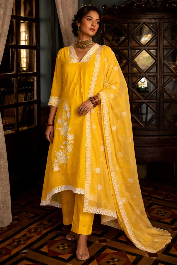 Mustard_Yellow_Cotton_Straight_Floral_Embroidered_Kurta_Set_For_Women