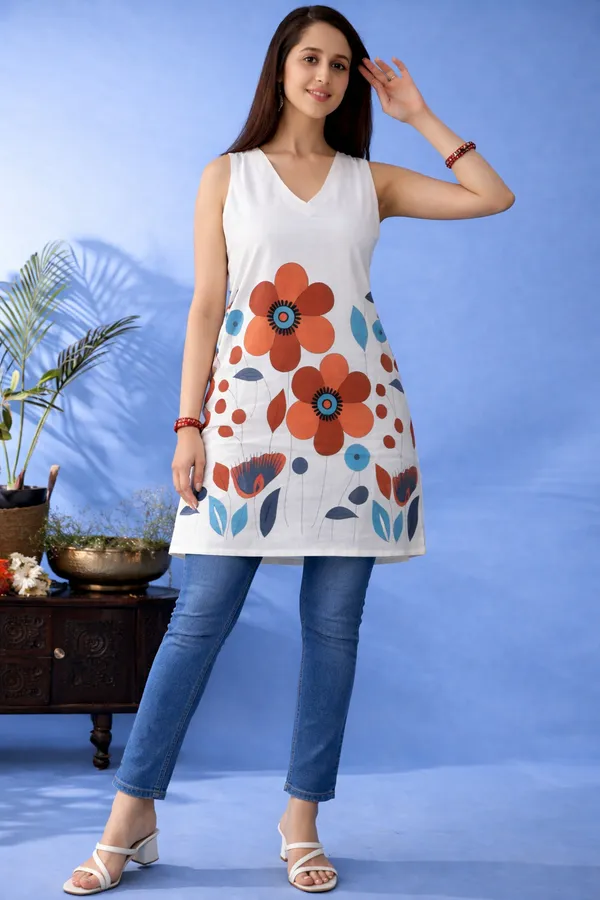 White_Cotton_Sleeveless_Floral_Print_Tunic_For_Women