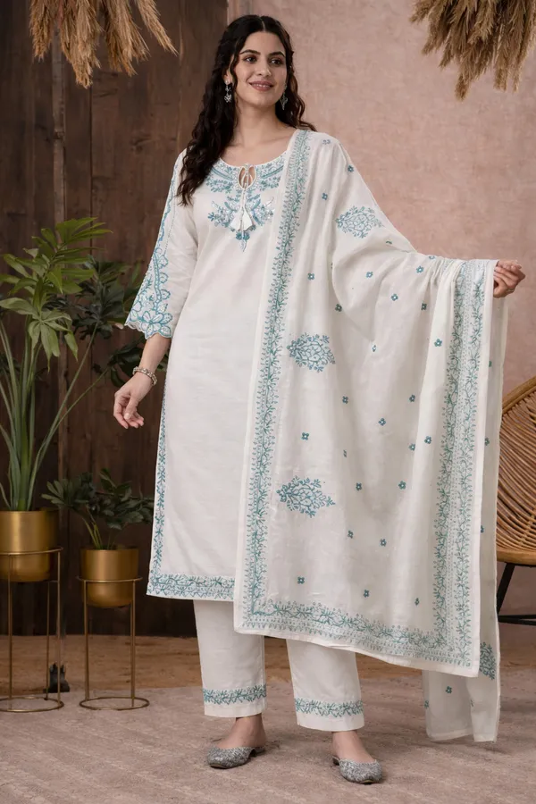 White_And_Blue_Cotton_Straight_Embroidered_Kurta_Set_For_Women