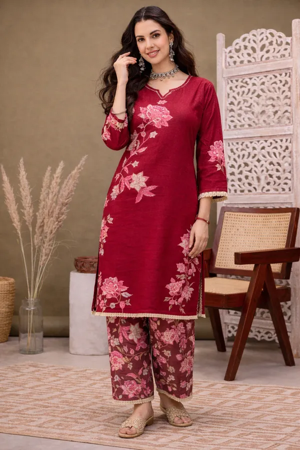 Maroon_Rayon_Straight_Floral_Print_Kurta_Set_For_Women