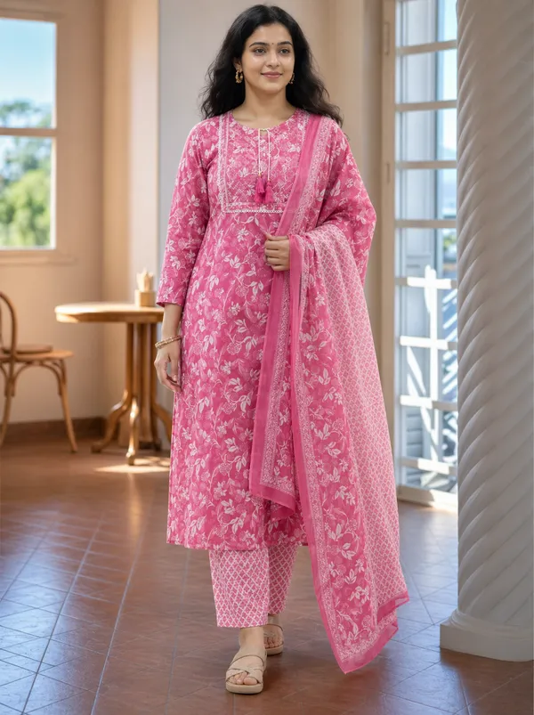 Pink_Rayon_Straight_Floral_Print_Kurta_Set_For_Women