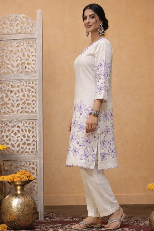 White_And_Lavender_Cotton_Straight_Floral_Embroidered_Kurta_Set_For_Women