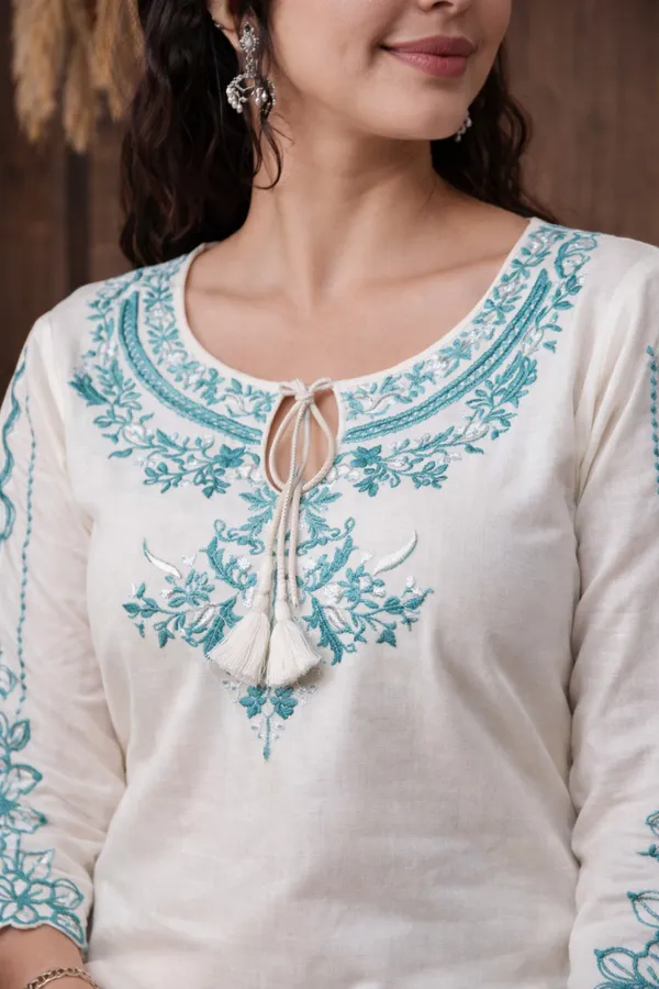 White_And_Blue_Cotton_Straight_Embroidered_Kurta_Set_For_Women